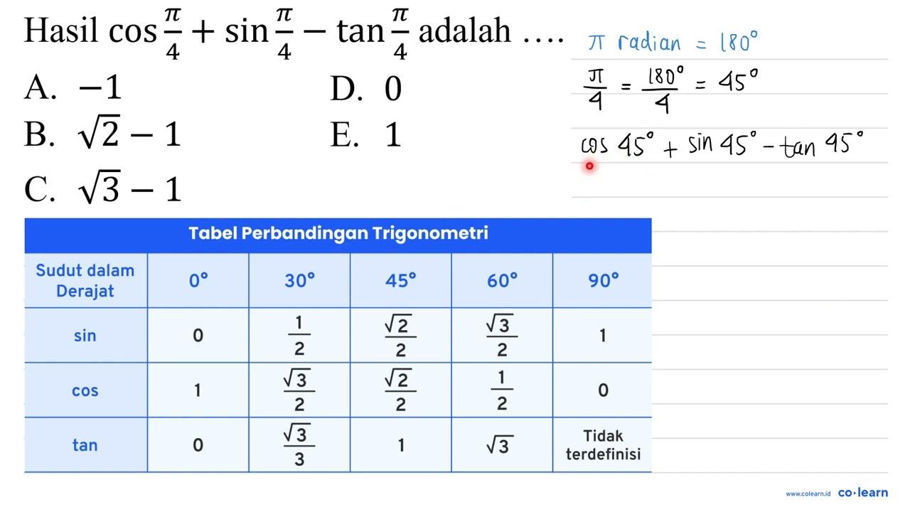 Hasil cos (pi)/(4)+sin (pi)/(4)-tan (pi)/(4) adalah ....