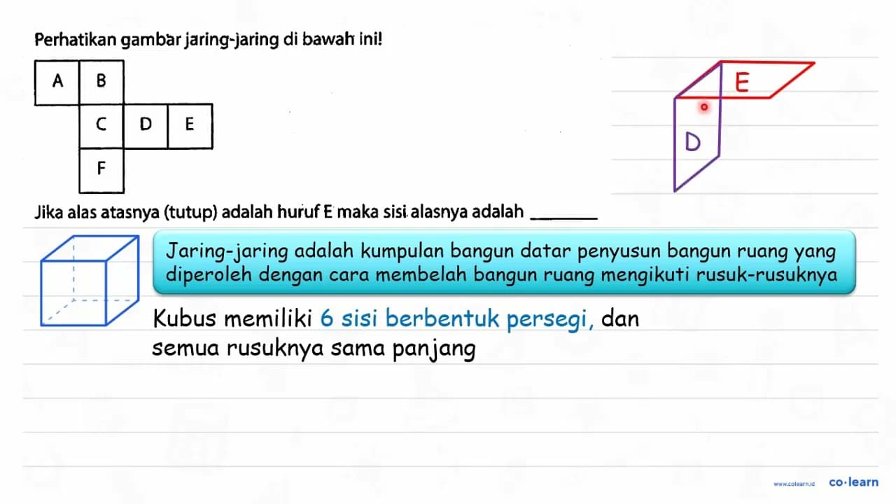 Perhatikan gambar jaring-jaring di bawah ini! A B C D E F