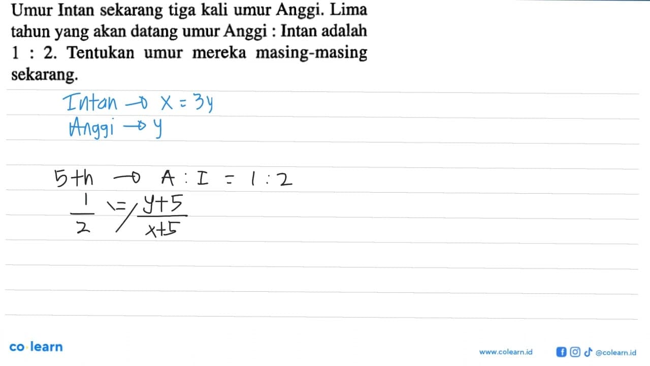 Umur Intan sekarang tiga kali umur Anggi. Lima tahun yang