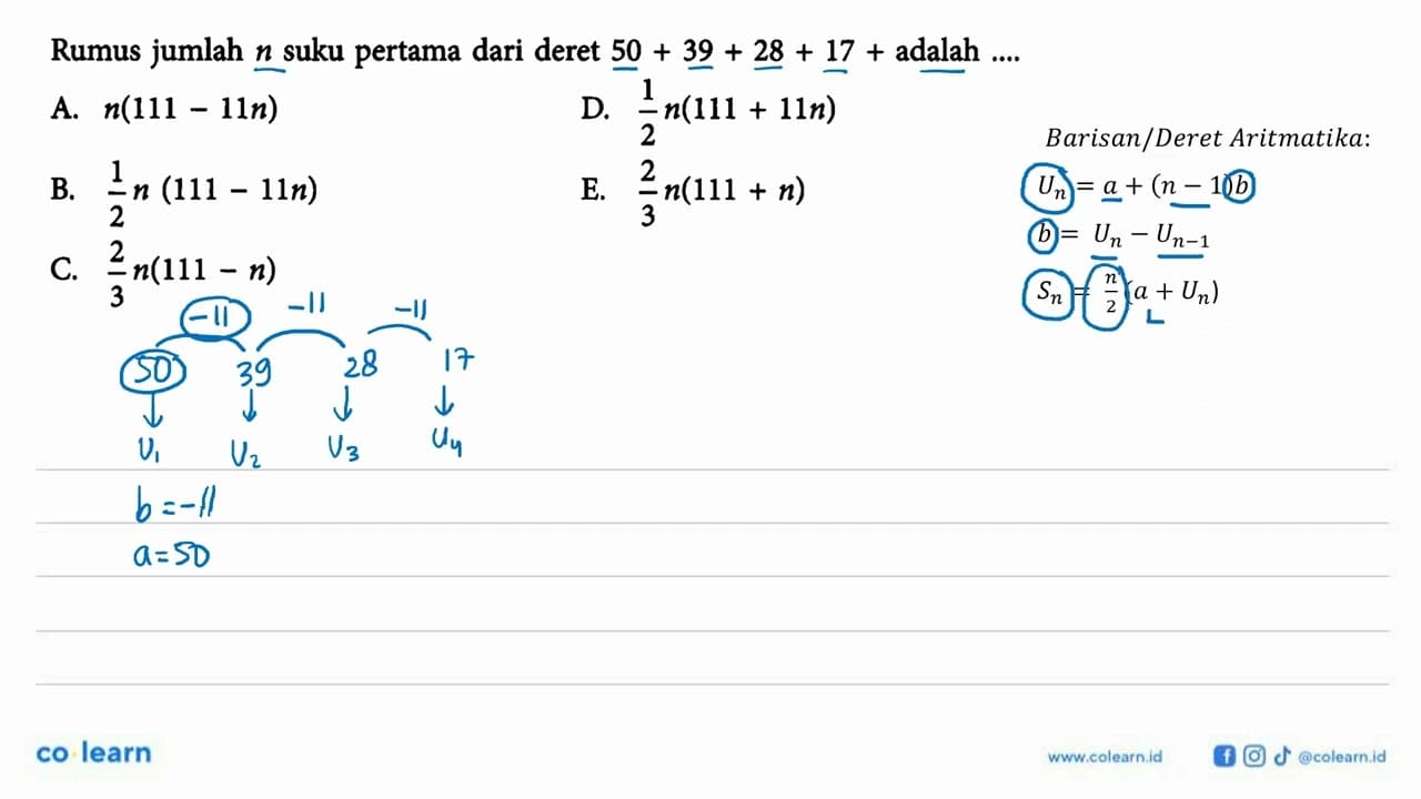 Rumus jumlah n suku pertama dari deret 50 + 39 + 28 + 17 +