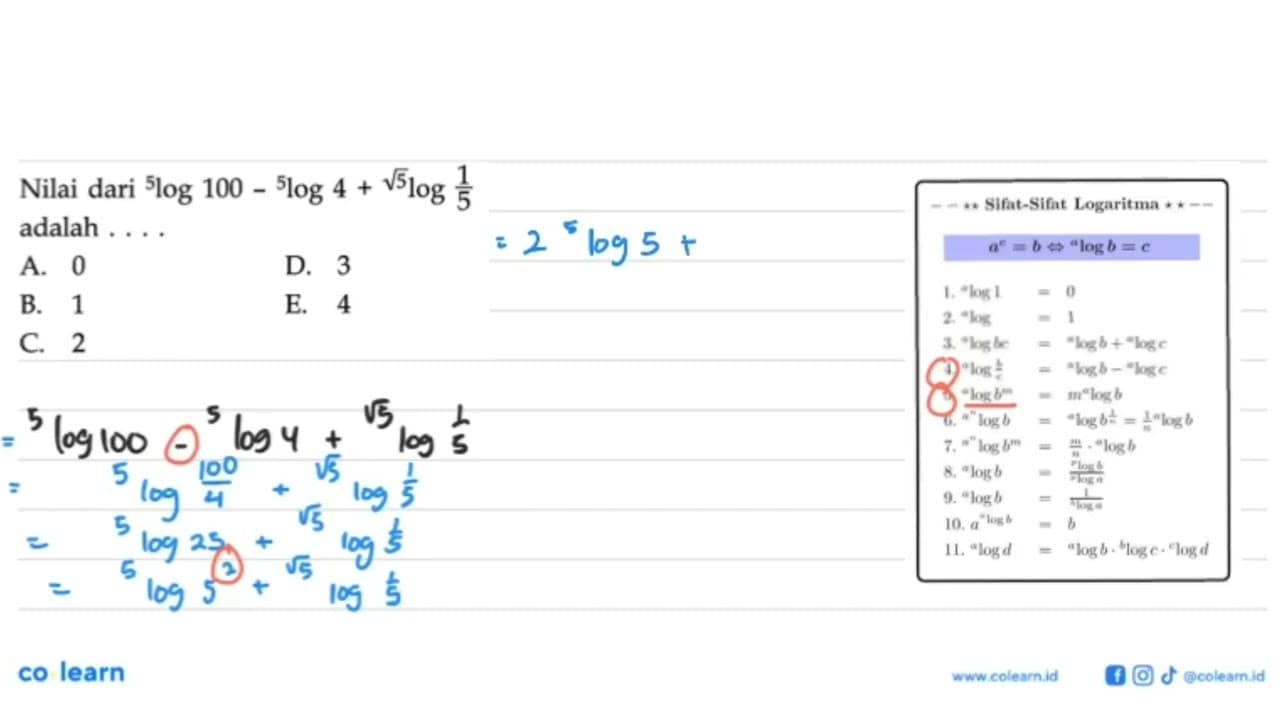 Nilai dari 5log100-5log4+akar(5) log1/5 adalah ...
