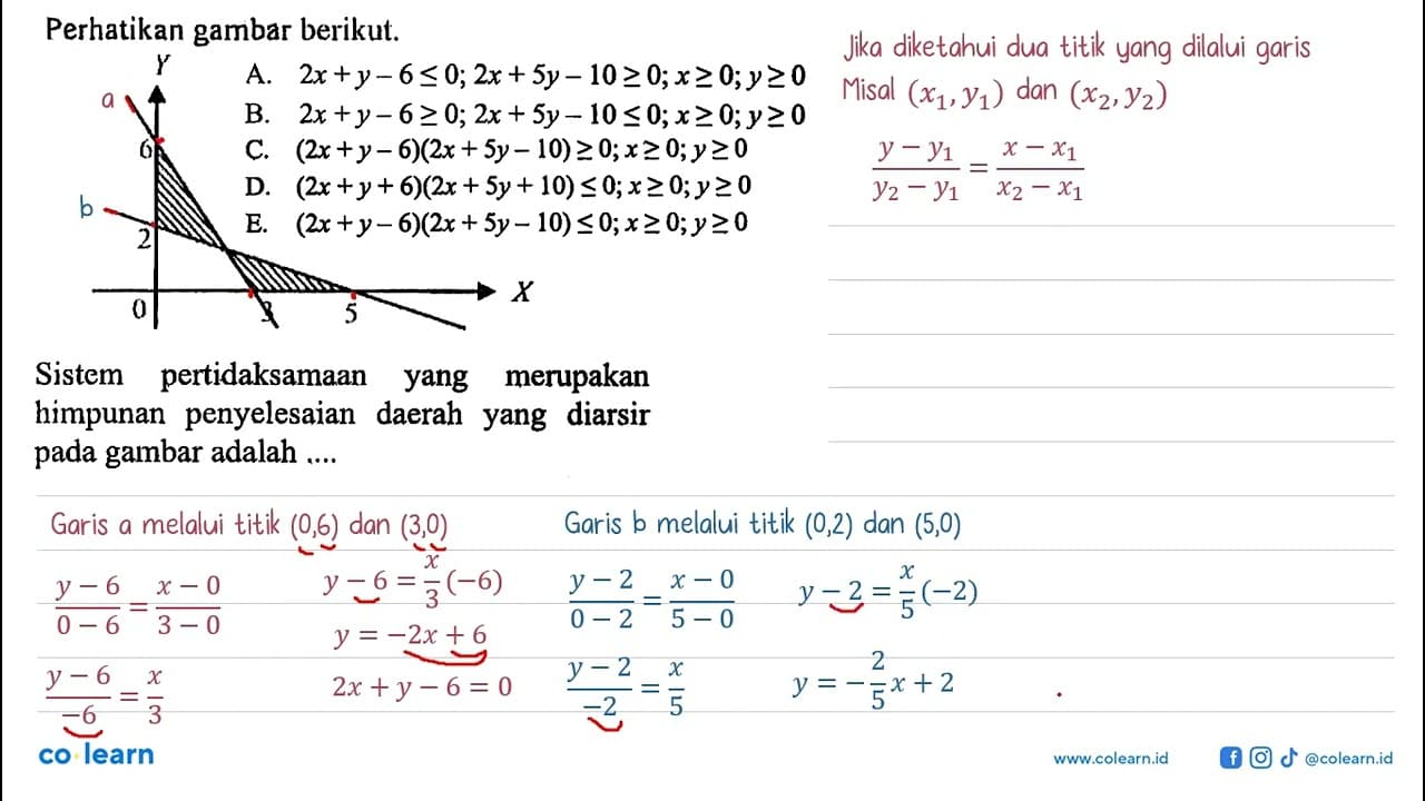 Perhatikan gambar berikut. Y 6 2 X 0 3 5 A. 2x +y - 6 <= 0;