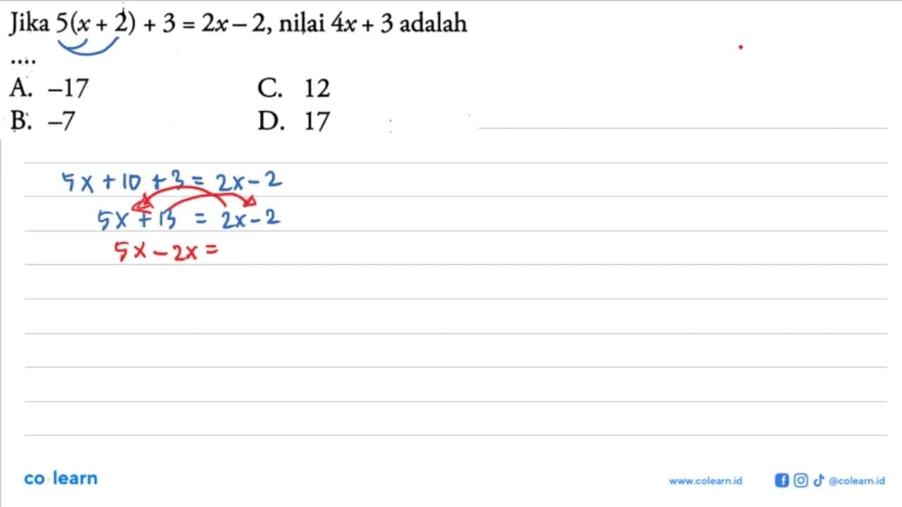 Jika 5(x + 2) + 3 = 2x - 2, nilai 4x + 3 adalah....