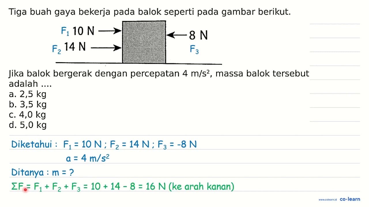 Tiga buah gaya bekerja pada balok seperti pada gambar