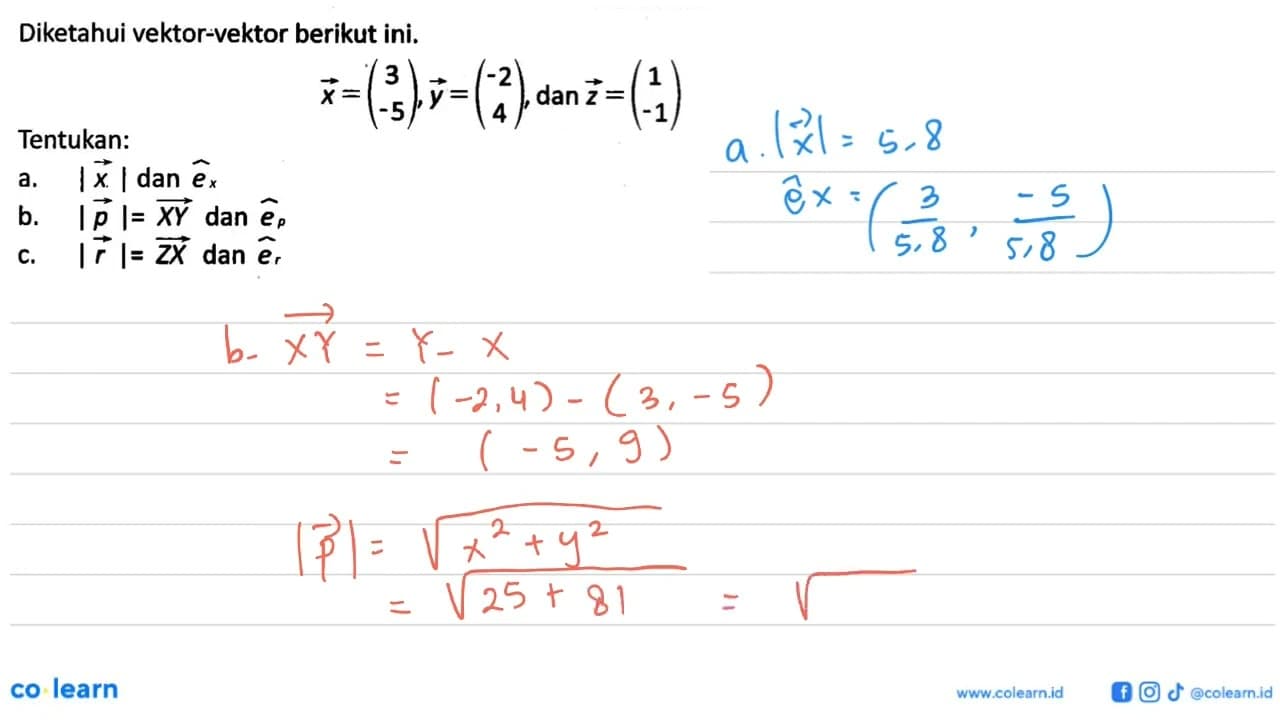 Diketahui vektor-vektor berikut ini. x=(3 -5), y=(-2 4),