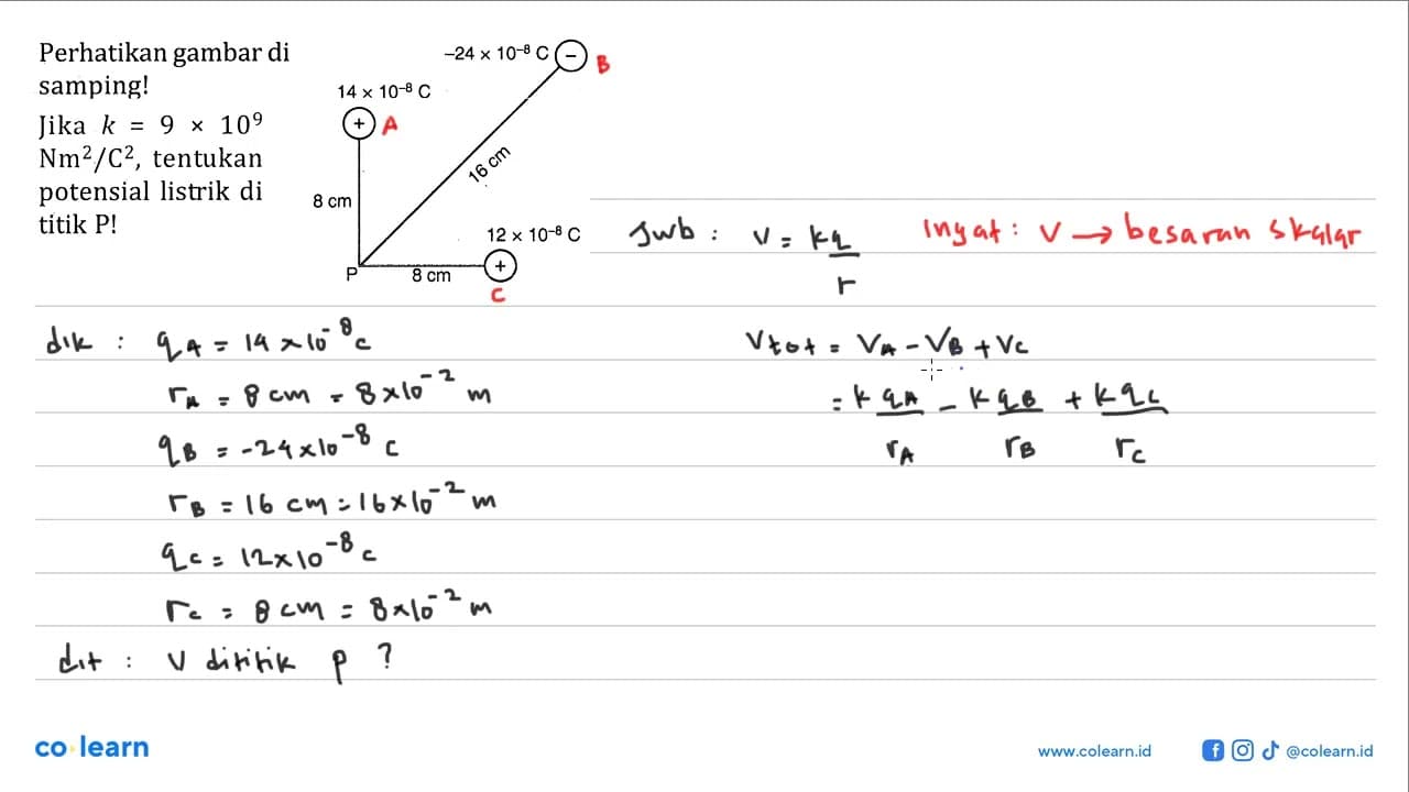 Perhatikan gambar di samping! Jika k = 9 x 10^9 Nm^2/C^2,