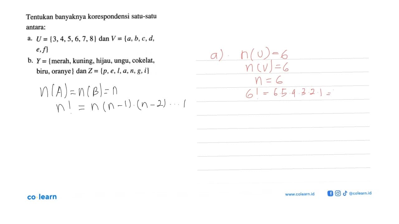 Tentukan banyaknya korespondensi satu-satu antara: a. U =