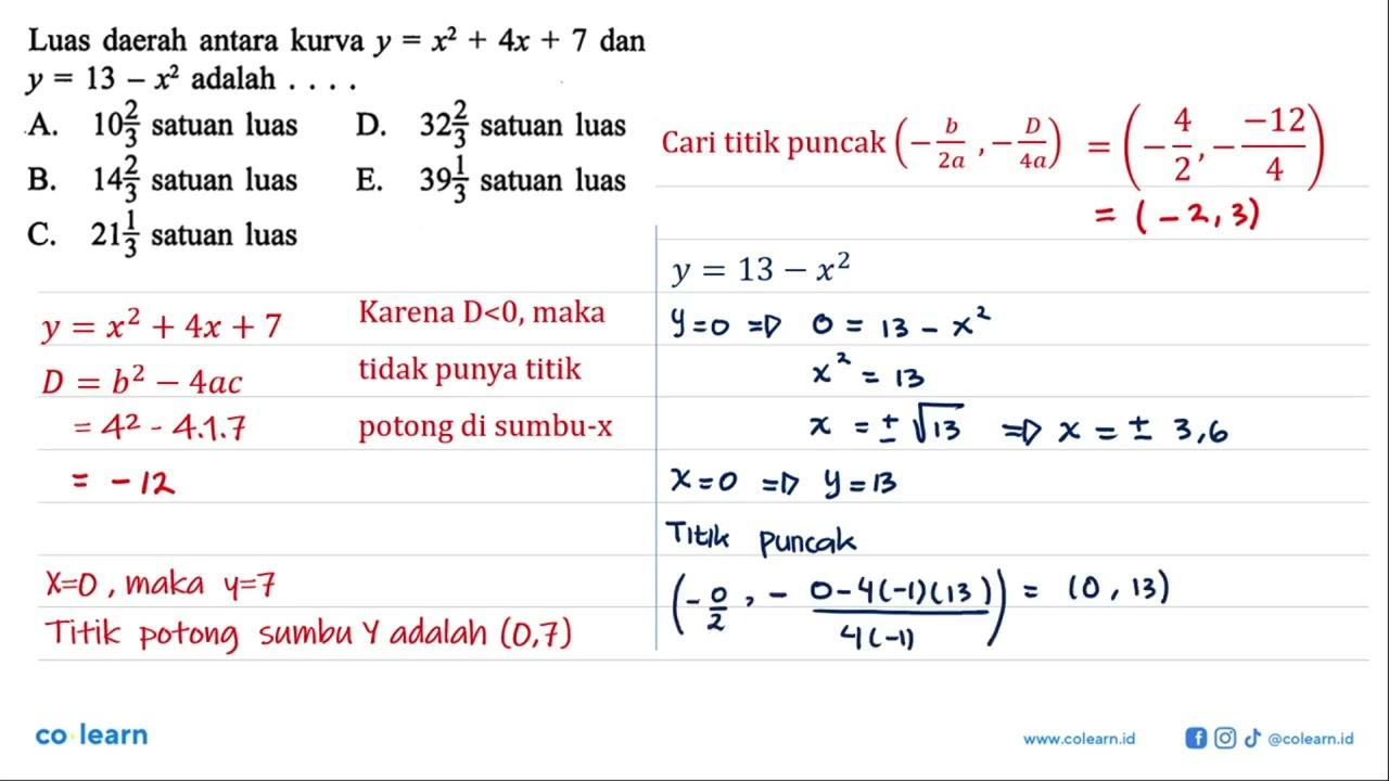 Luas daerah antara kurva y=x^2+4x+7 dan y=13-x^2 adalah