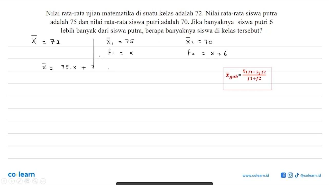 Nilai rata-rata ujian matematika di suatu kelas adalah 72.