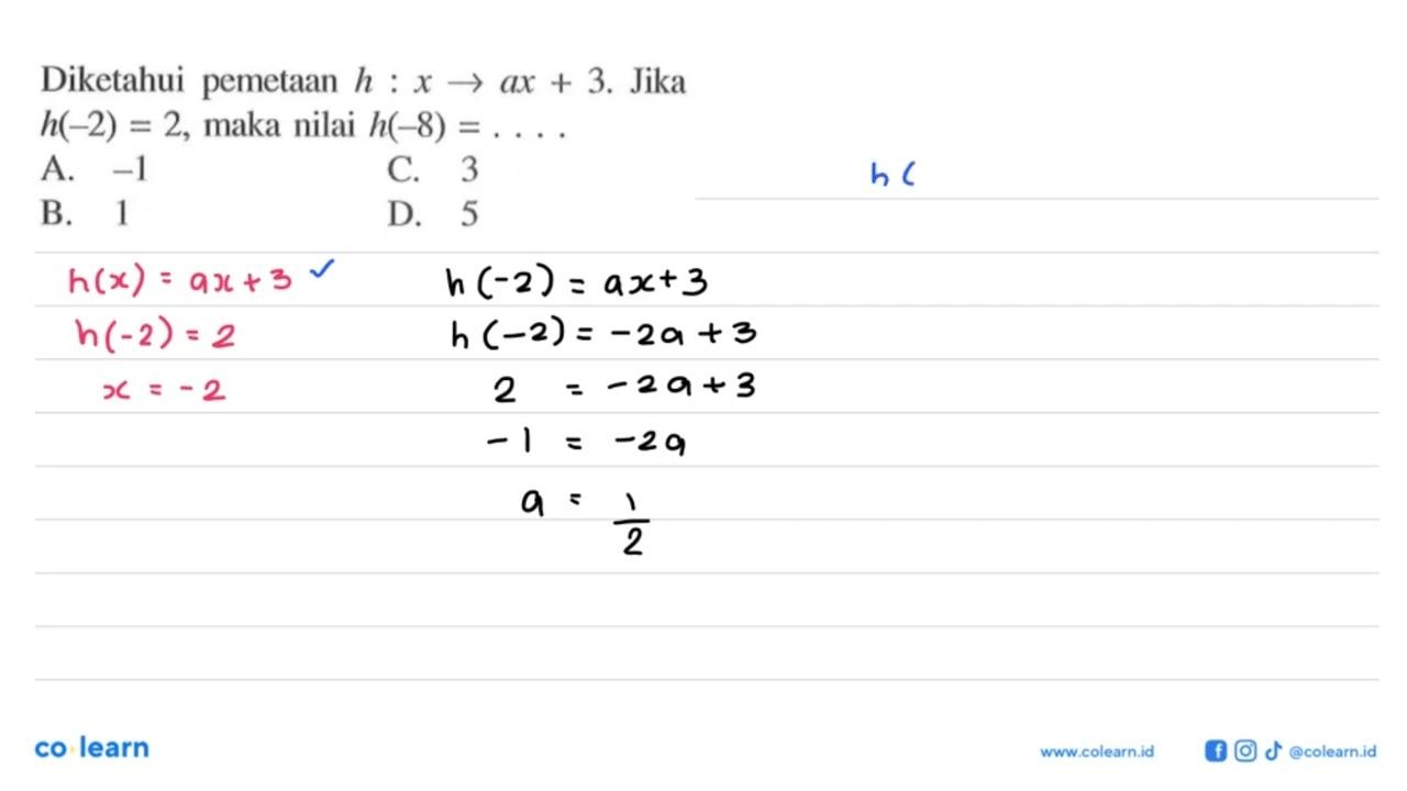 Diketahui pemetaan h : x -> ax + 3. Jika h(-2) = 2, maka