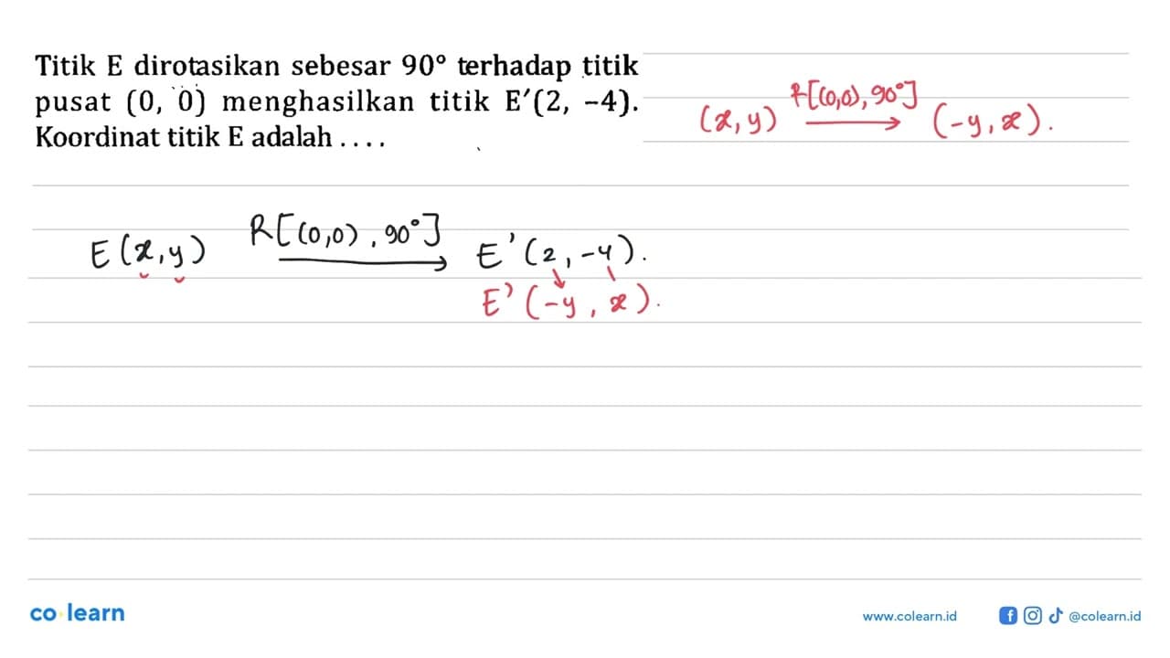 Titik E dirotasikan sebesar 90 terhadap titik pusat (0,0)