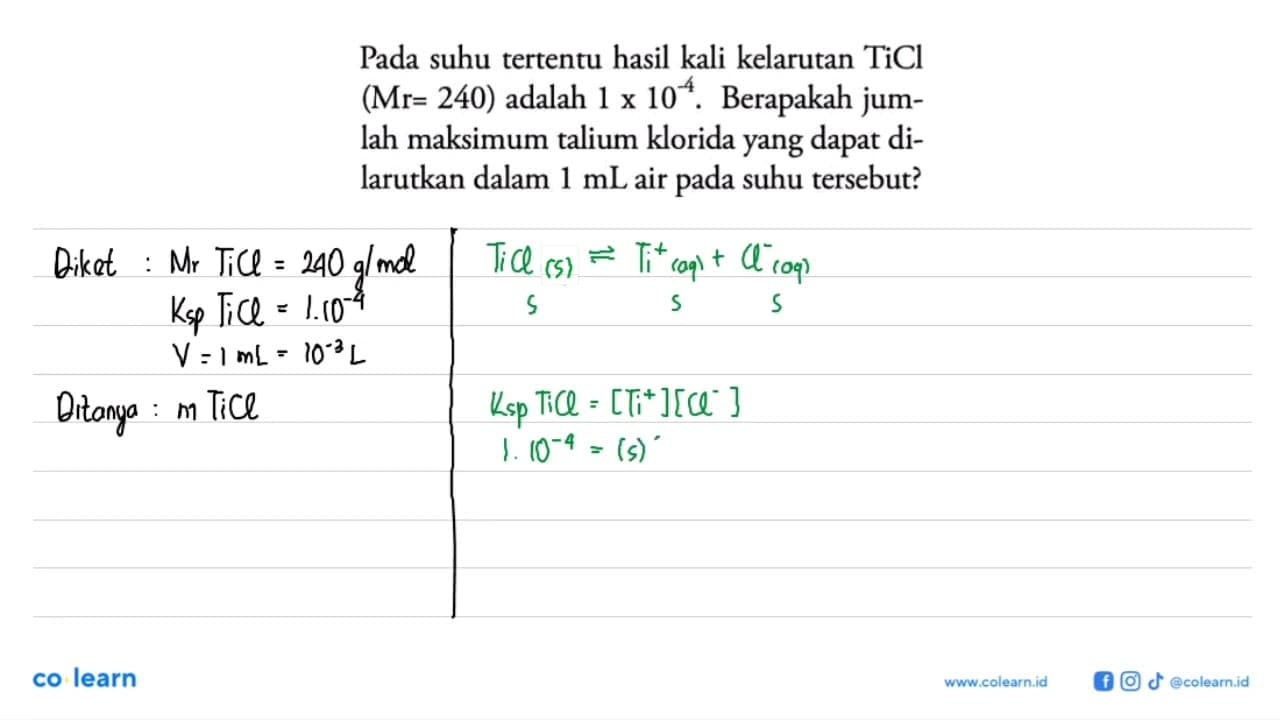 Pada suhu tertentu hasil kali kelarutan TiCl (Mr=240)