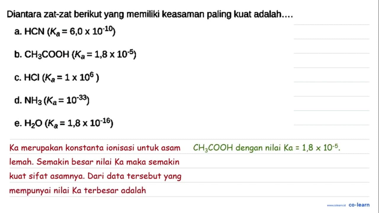 Diantara zat-zat berikut yang memiliki keasaman paling kuat