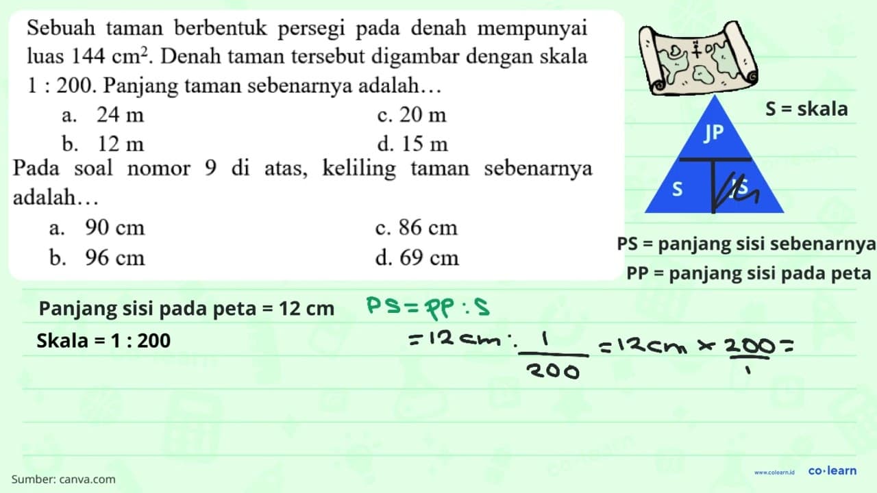 Pada soal nomor 9 di atas, keliling taman sebenarnya