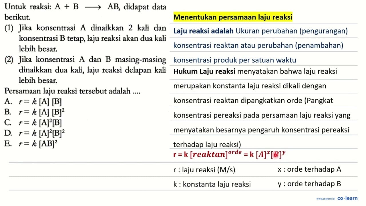 Untuk reaksi: A + B -> AB, didapat data berikut. (1) Jika