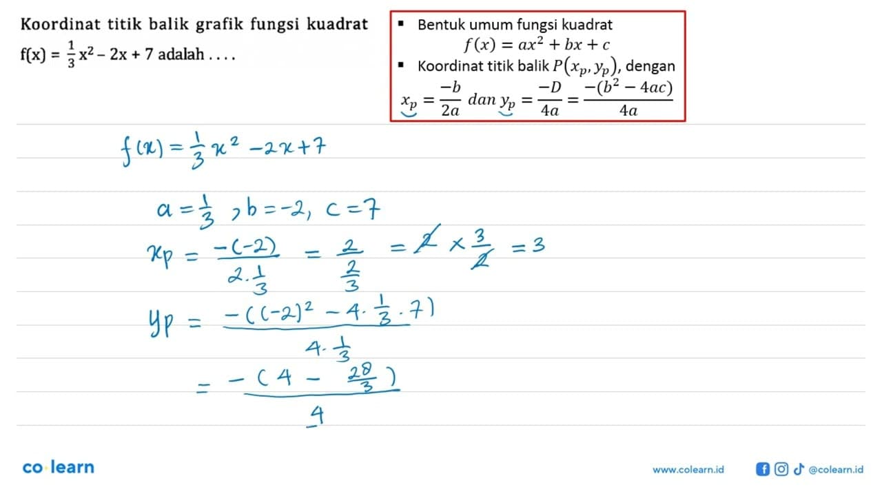 Koordinat titik balik grafik fungsi kuadrat f(x) = 1/3 x^2