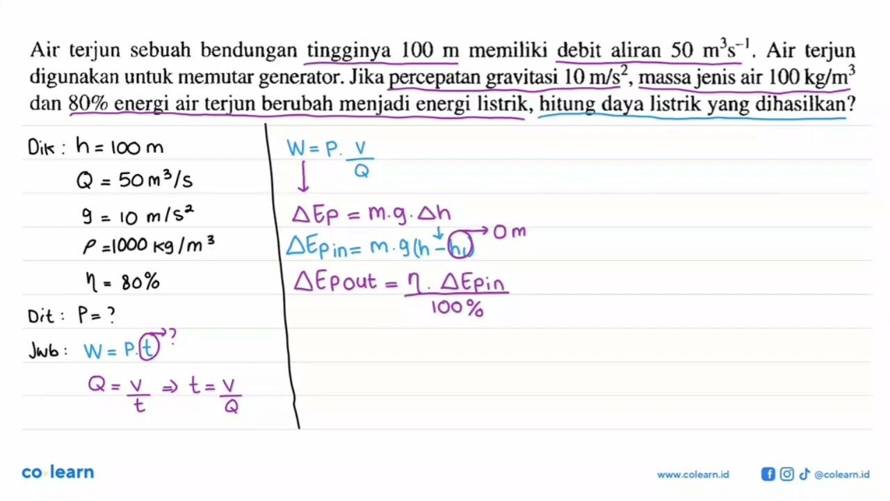 Air terjun sebuah bendungan tingginya 100 m memiliki debit