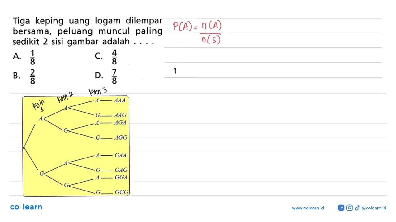 Tiga keping uang logam dilempar bersama, peluang muncul