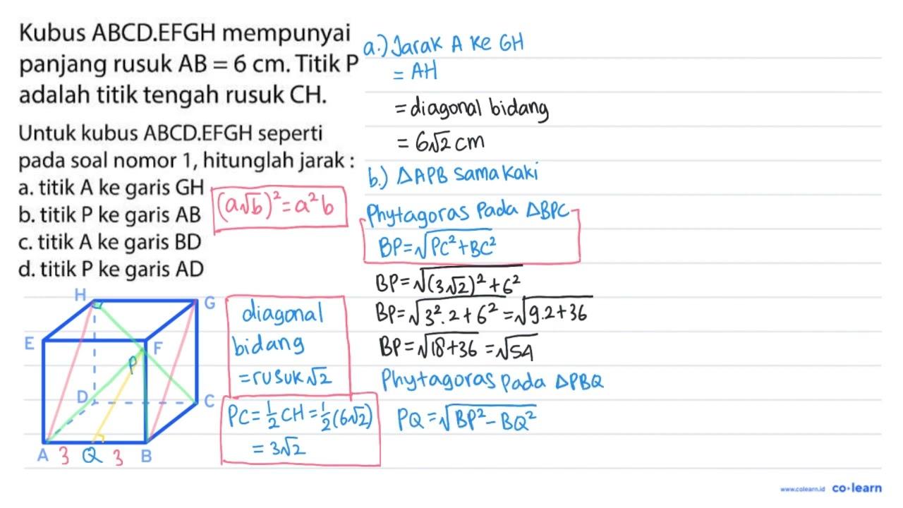 Kubus ABCD.EFGH mempunyai panjang rusuk A B=6 cm . Titik P