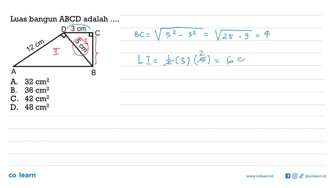 Luas bangun ABCD adalah .... D 3cm C 12cm 5cm A B