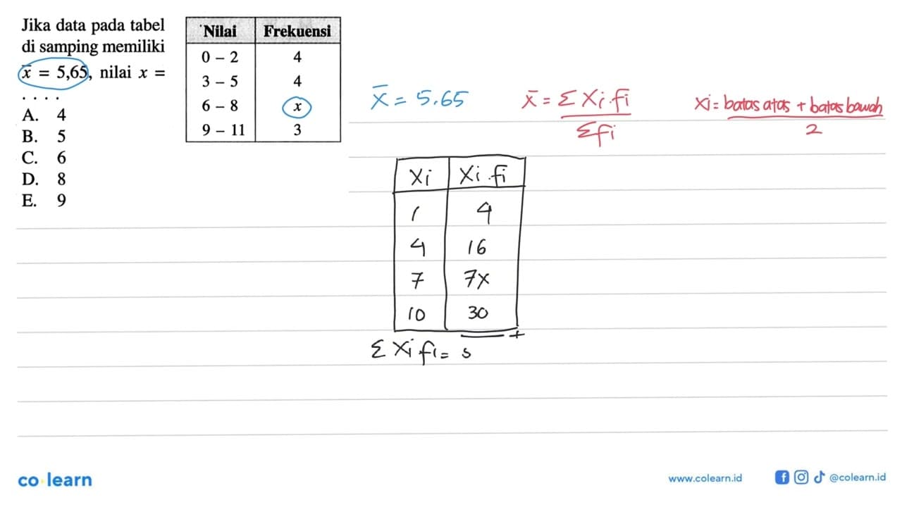 Jika data pada tabel di samping memiliki x=5,65, nilai