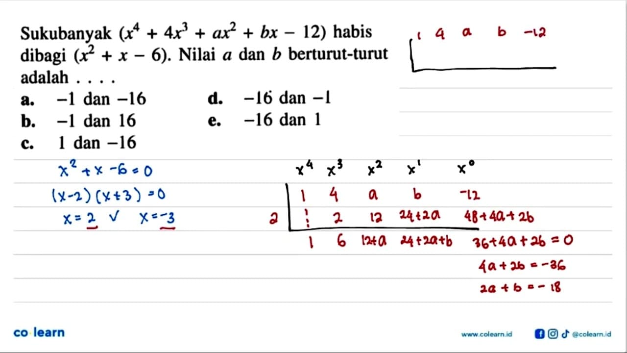 Sukubanyak (x^4+4x^3+ax^2+bx-12) habis dibagi (x^2+x-6).