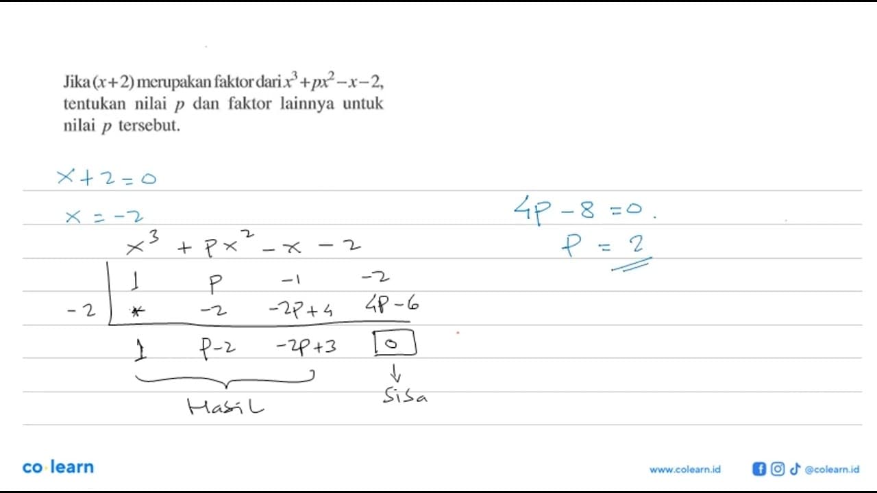 Jika (x+2) merupakan faktor x^3+px^2-x-2, tentukan nilai p