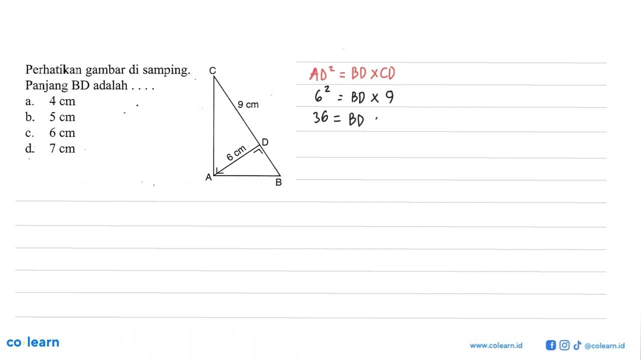 perhatikan gambar di samping. Panjang BD adalah.... 9 cm 6