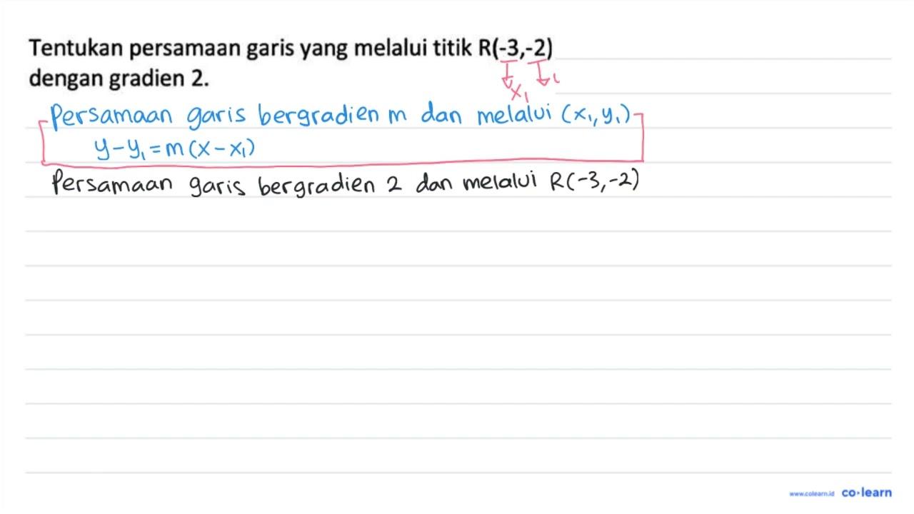 Tentukan persamaan garis yang melalui titik R(-3,-2) dengan