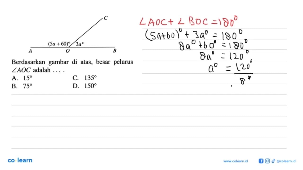 Berdasarkan gambar di atas, besar pelurus sudut A O C