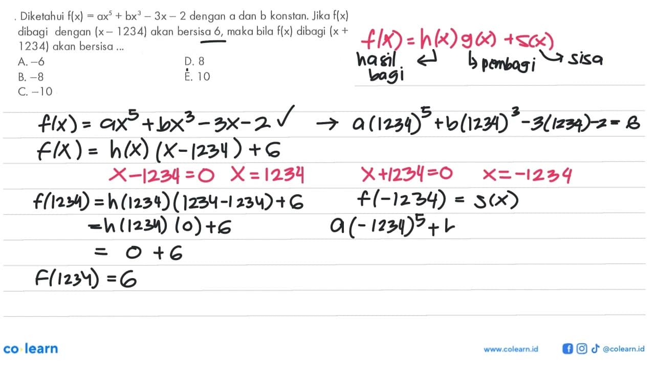 Diketahui f(x)=ax^5+bx^3-3x-2 dengan a dan b konstan. Jika