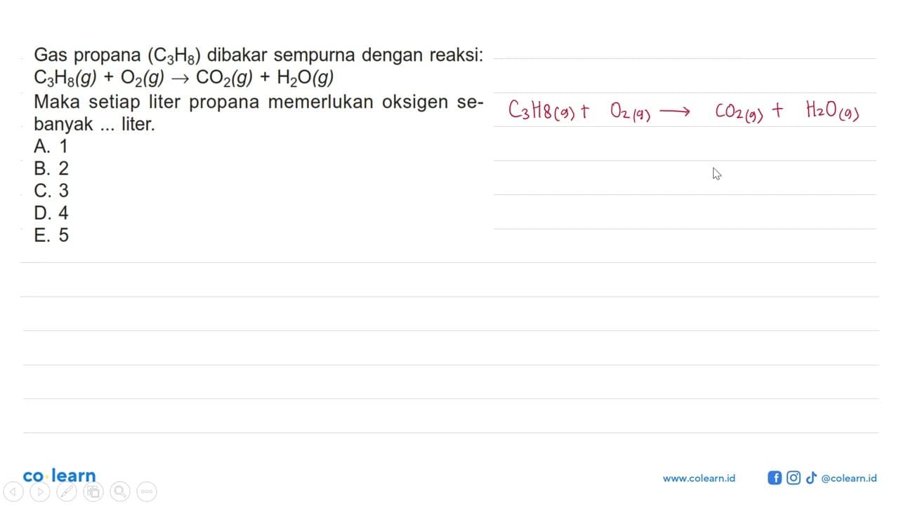 Gas propana (C3H8) dibakar sempurna dengan reaksi: