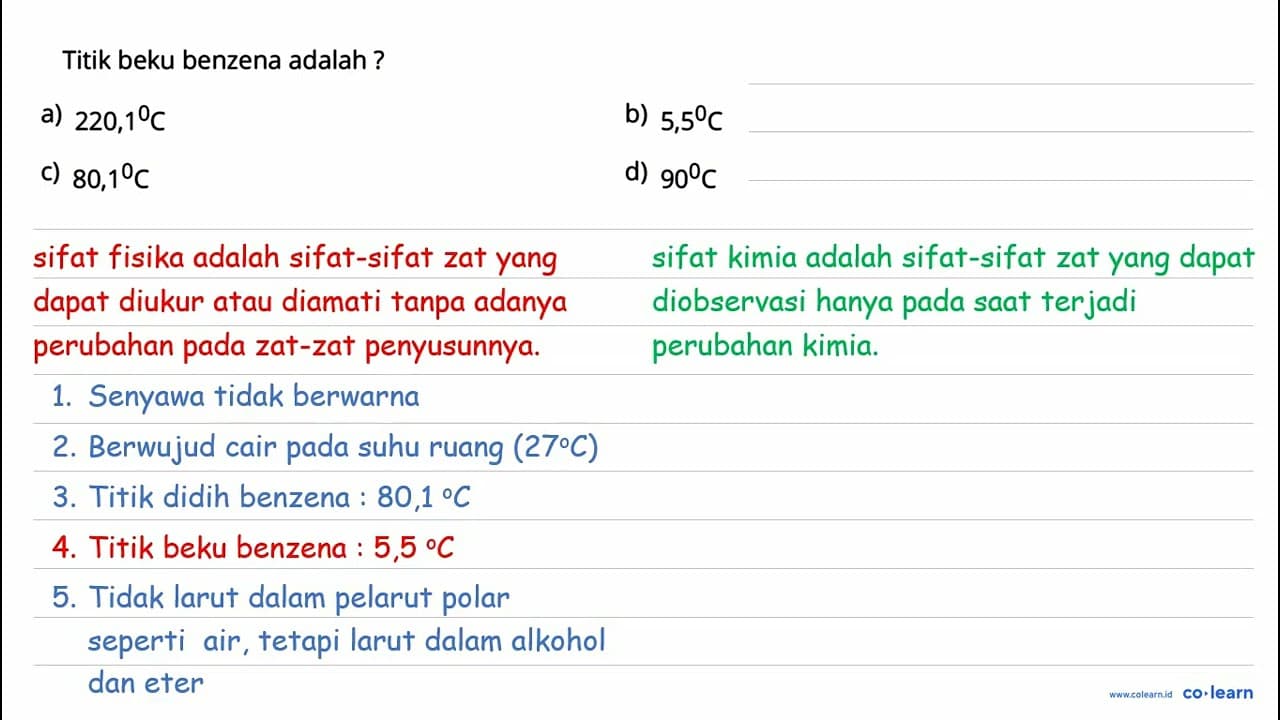 Titik beku benzena adalah?