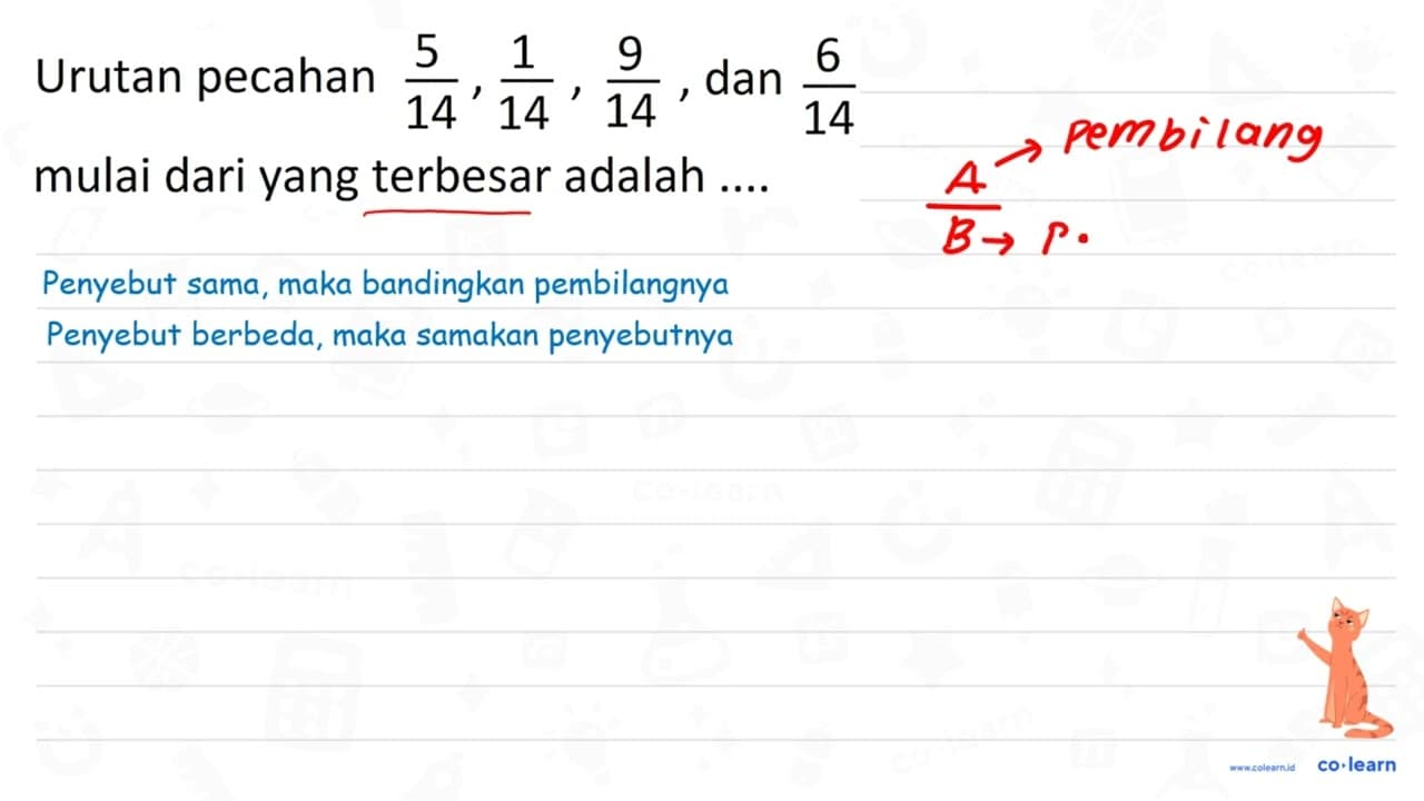 Urutan pecahan (5)/(14), (1)/(14), (9)/(14) , dan (6)/(14)