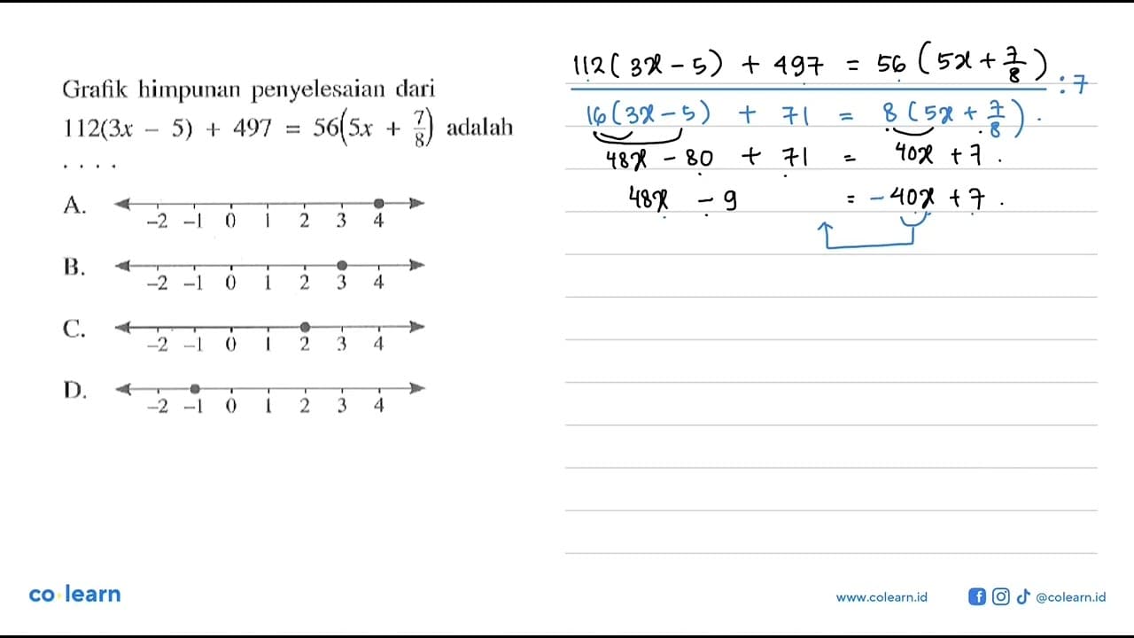 Grafik himpunan penyelesaian dari 112(3x - 5) + 497 = 56(5x