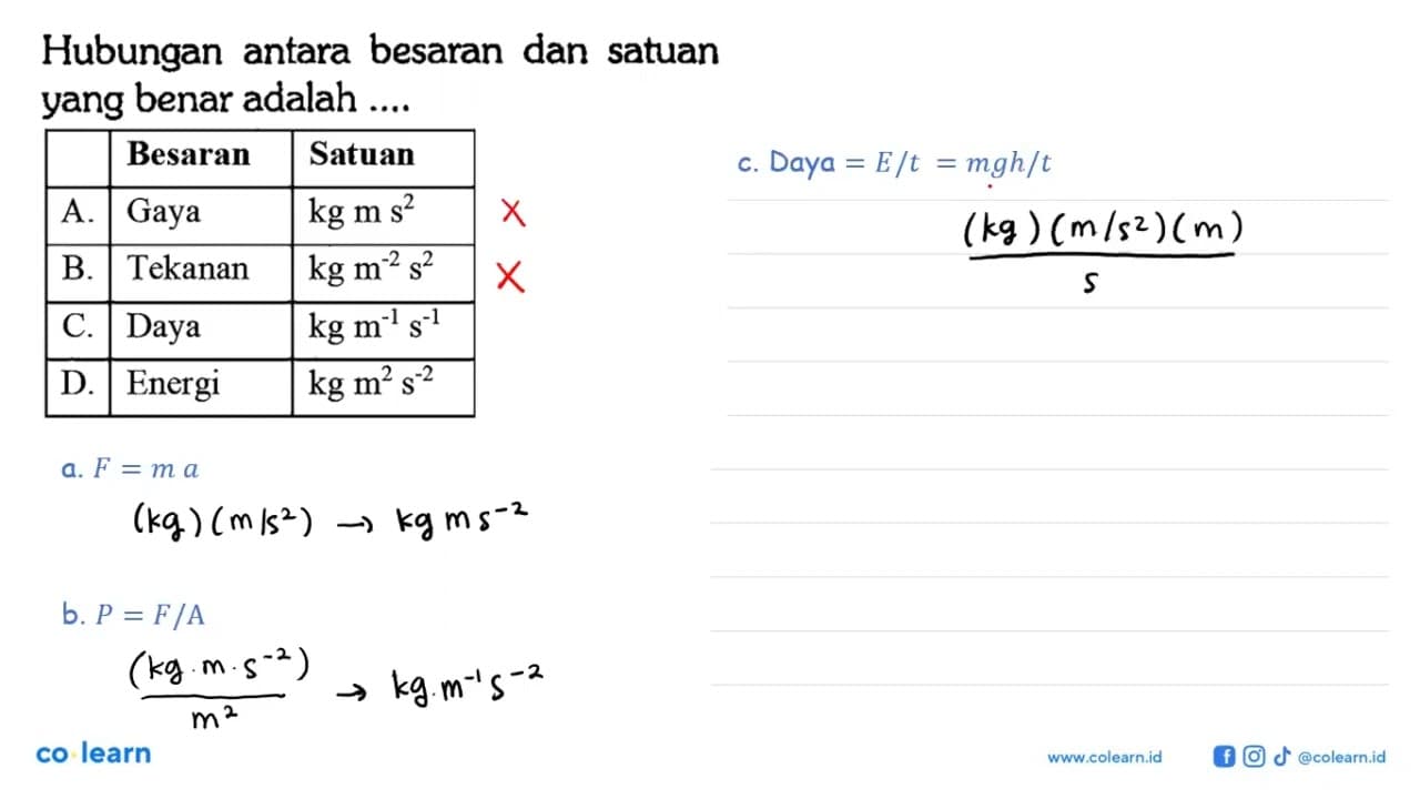 Hubungan antara besaran dan satuan yang benar adalah ....