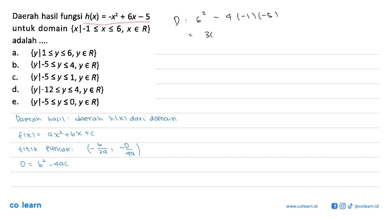 Daerah hasil fungsi h(x)=-x^2+6x-5 untuk domain {x