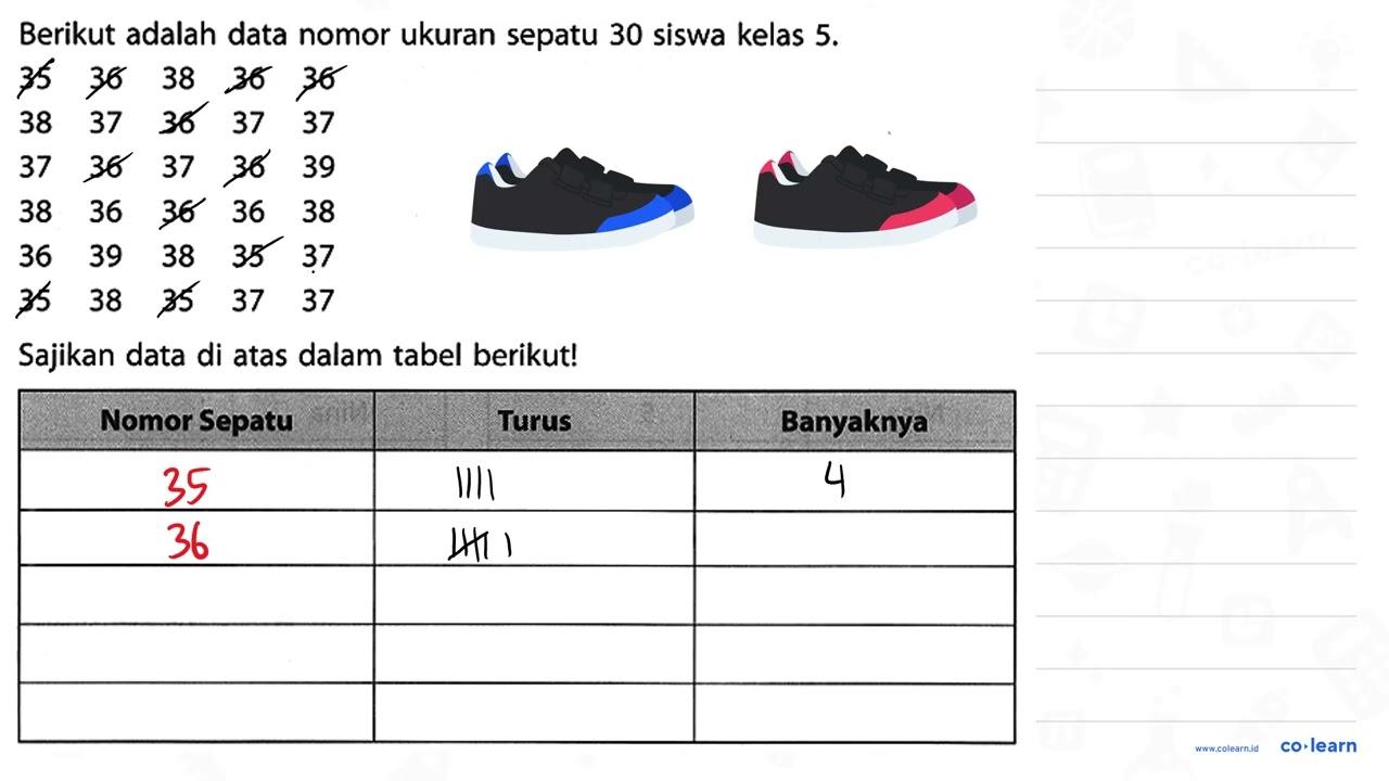 Berikut adalah data nomor ukuran sepatu 30 siswa kelas 5 .