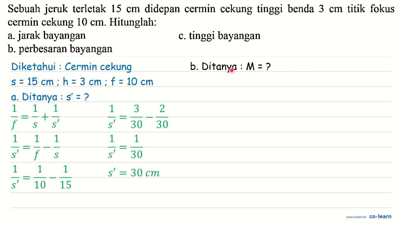 Sebuah jeruk terletak 15 cm didepan cermin cekung tinggi