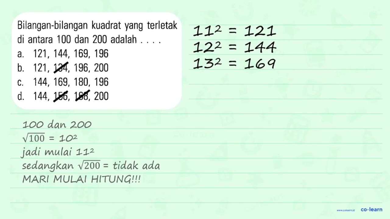 Bilangan-bilangan kuadrat yang terletak di antara 100 dan