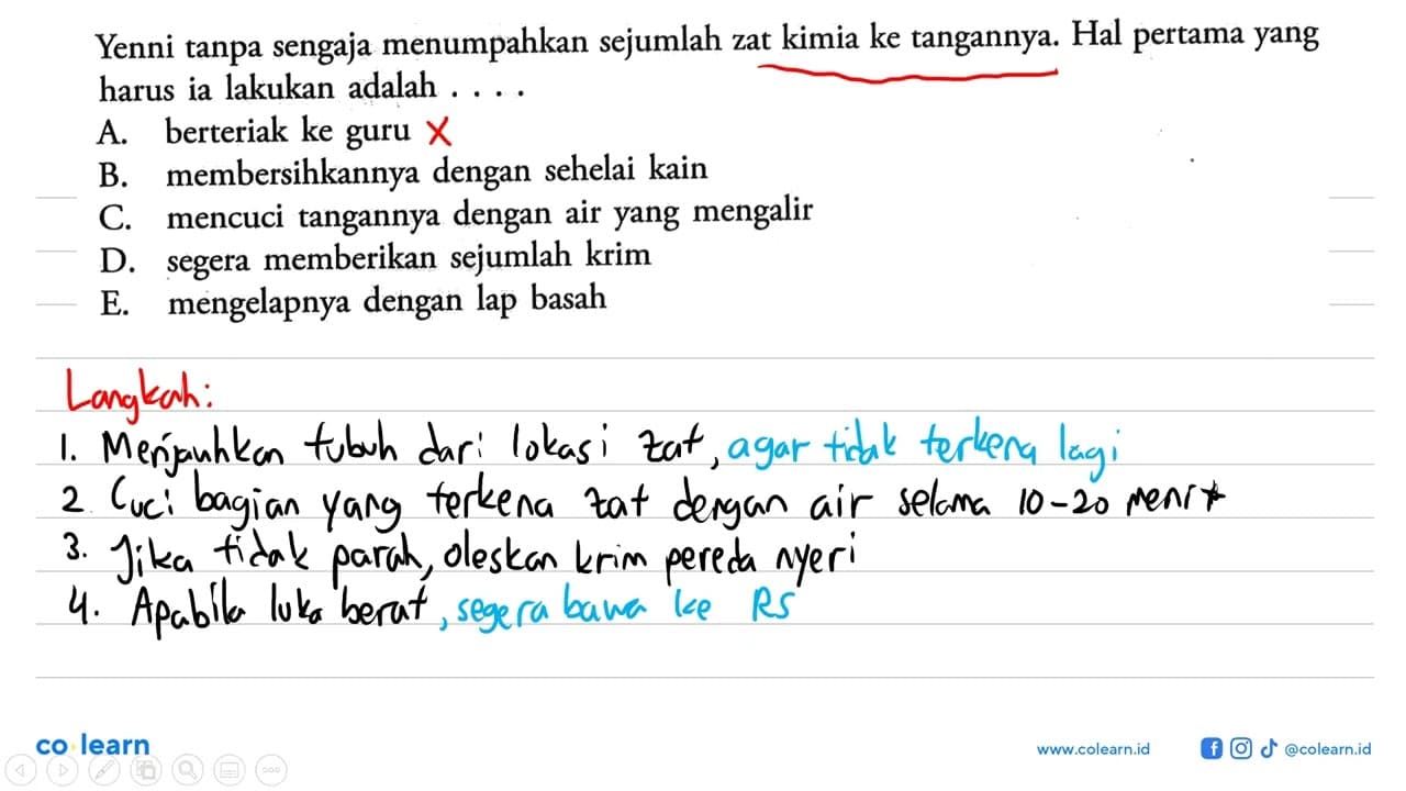 Yenni tanpa sengaja menumpahkan sejumlah zat kimia ke