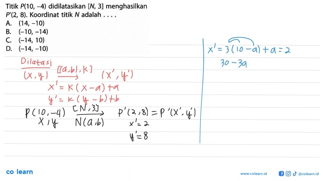 Titik P(10,-4) didilatasikan [N, 3] menghasilkan P'(2,8).