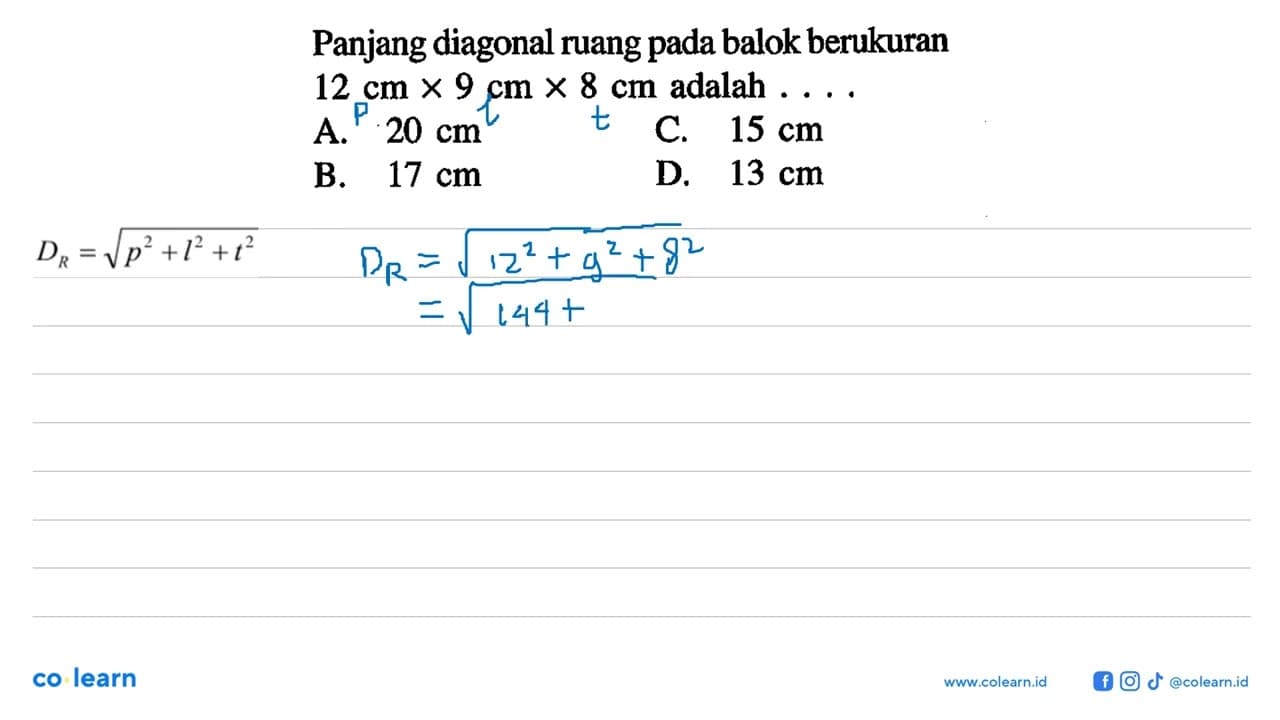 Panjang diagonal ruang pada balok berukuran 12 cm x 9 cm x