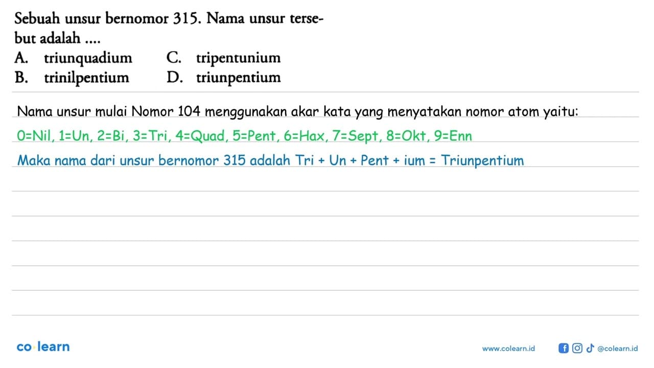 Sebuah unsur bernomor 315 . Nama unsur tersebut adalah ....