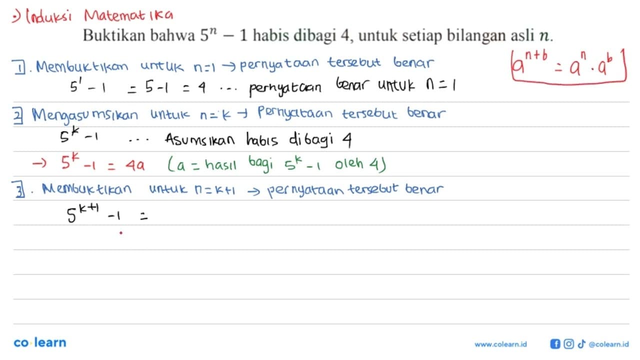 Buktikan bahwa 5^n - 1 habis dibagi 4,untuk setiap bilangan