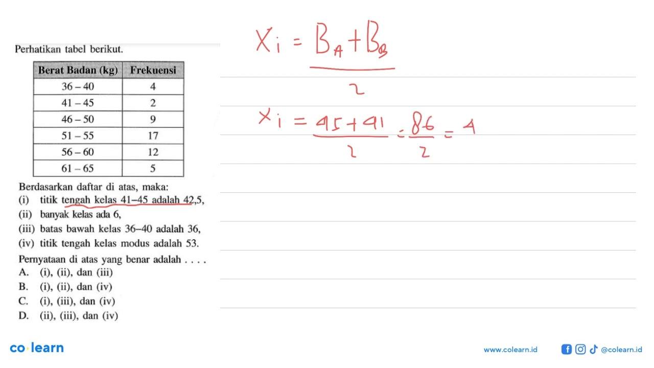 Perhatikan tabel berikut.Berat Badan (kg) Frekuensi 36-40 4