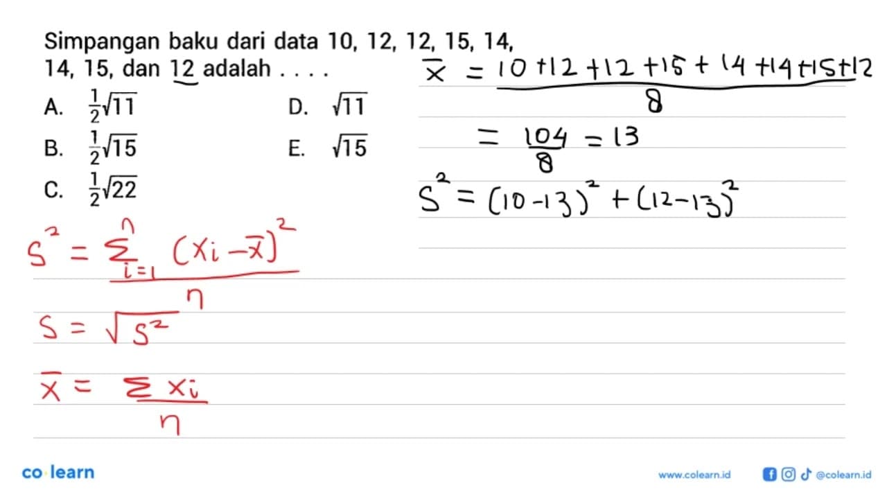 'Simpangan baku dari data 10, 12, 12, 15, 14, 14, 15, dan