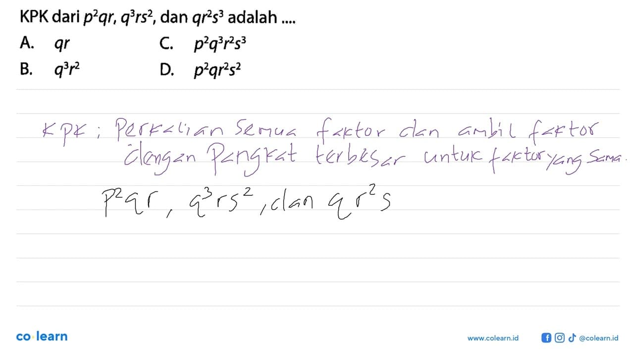 KPK dari p^2qr; q^3rs^2, dan qr^2s^3 adalah ....