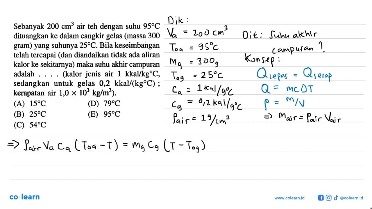 Sebanyak 200 cm^3 air teh dengan suhu 95 C dituangkan ke