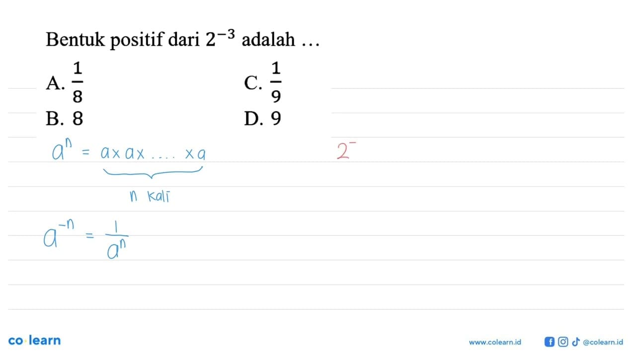 Bentuk positif dari 2^(-3) adalah ...